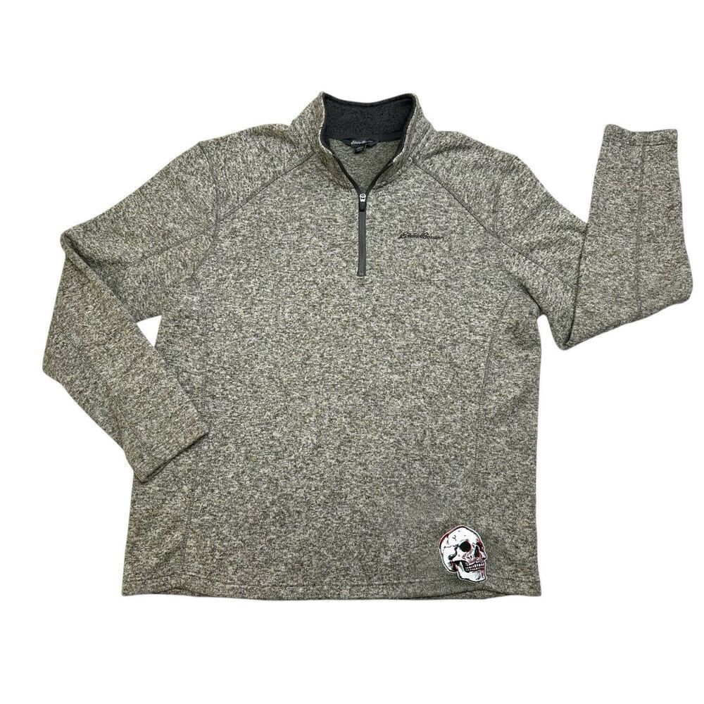 Eddie Bauer Quarter Zip Gray Blend Fleece Pullover Skull Detail Men’s Size XL